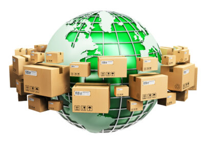 Global shipping and ecology concept Creative abstract global logistics, shipping, worldwide delivery business and ecology concept: green Earth planet globe surrounded by heap of stacked corrugated cardboard boxes with parcel goods isolated on white background